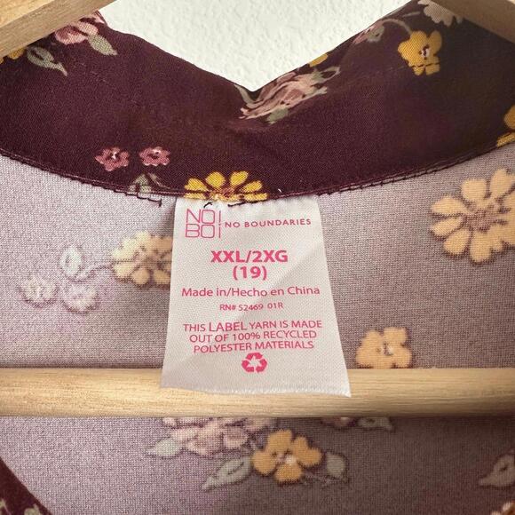 XXL Women’s No Boundaries Floral Button Down Mini Dress - Maroon Yellow Pink - Picture 4 of 4